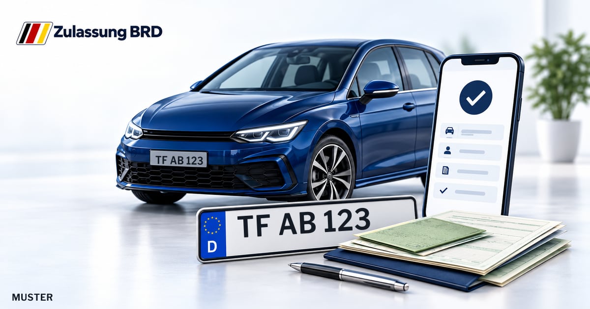 Online Fahrzeugzulassung in Ludwigsfelde: Musterkennzeichen TF AB 123, Auto und Fahrzeugpapiere und Smartphone. Illustration mit Logo von Zulassung BRD.